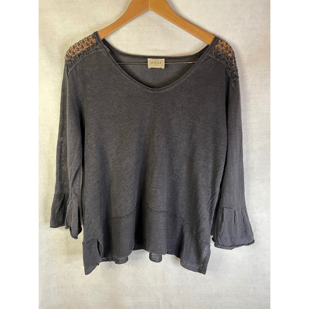 Wrap London Sz 10 100% Linen Gray V-Neck Top Crotchet Shoulder Ruffle Sleeve